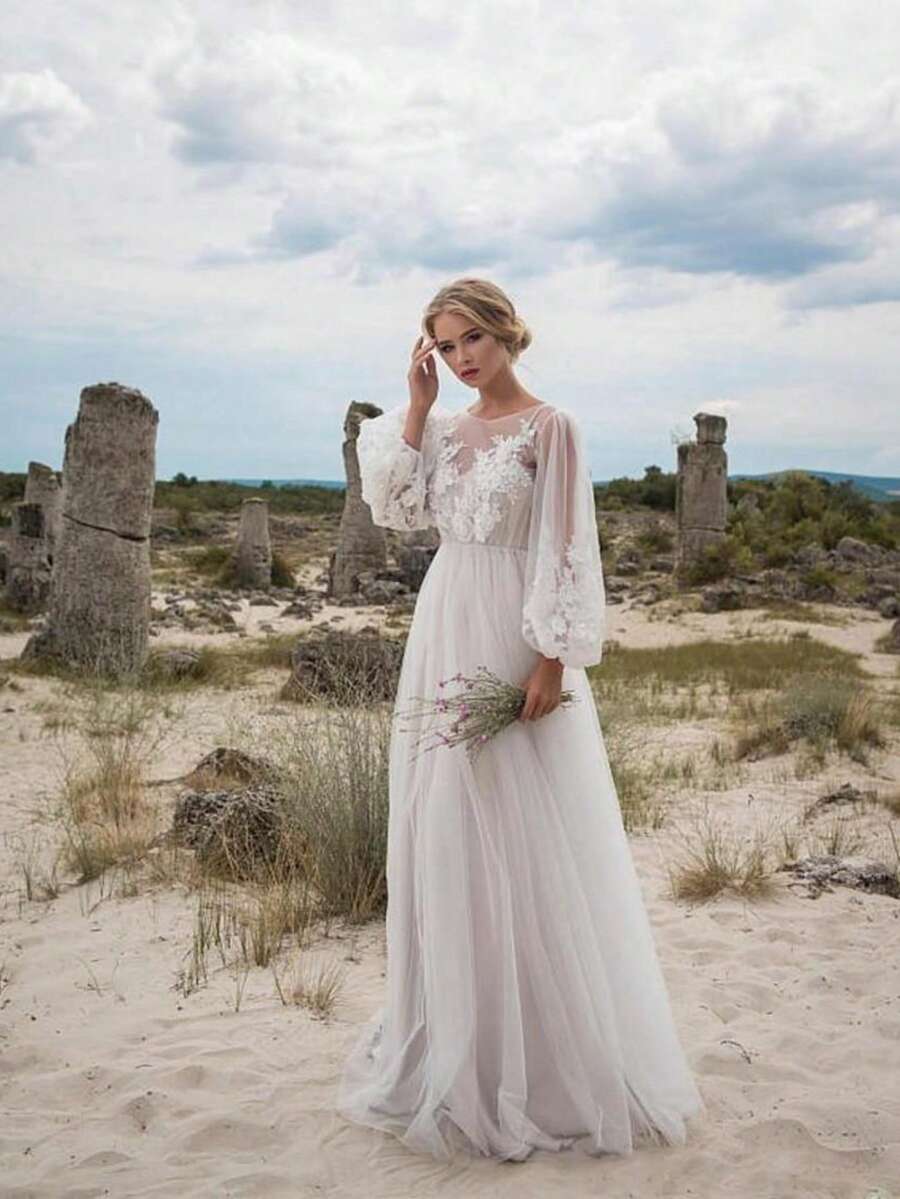 Elegant Dress With Round Neck Bubble Sleeves And Tulle Embroidery - 白色 - View 1