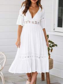 Vestido Mujer Elegante y Moderno Estilo Europeo Cuello Profundo con Encaje Aplique de Moda - Blanco - Ver 6