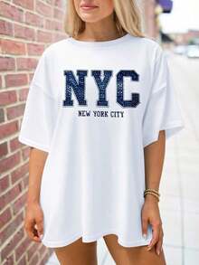 Plus Size Women's Mid-Length Short-Sleeve T-Shirt, Casual And Loose Style, With "New York" Letter Print On The Round Neck - 白色的 - 查看 4