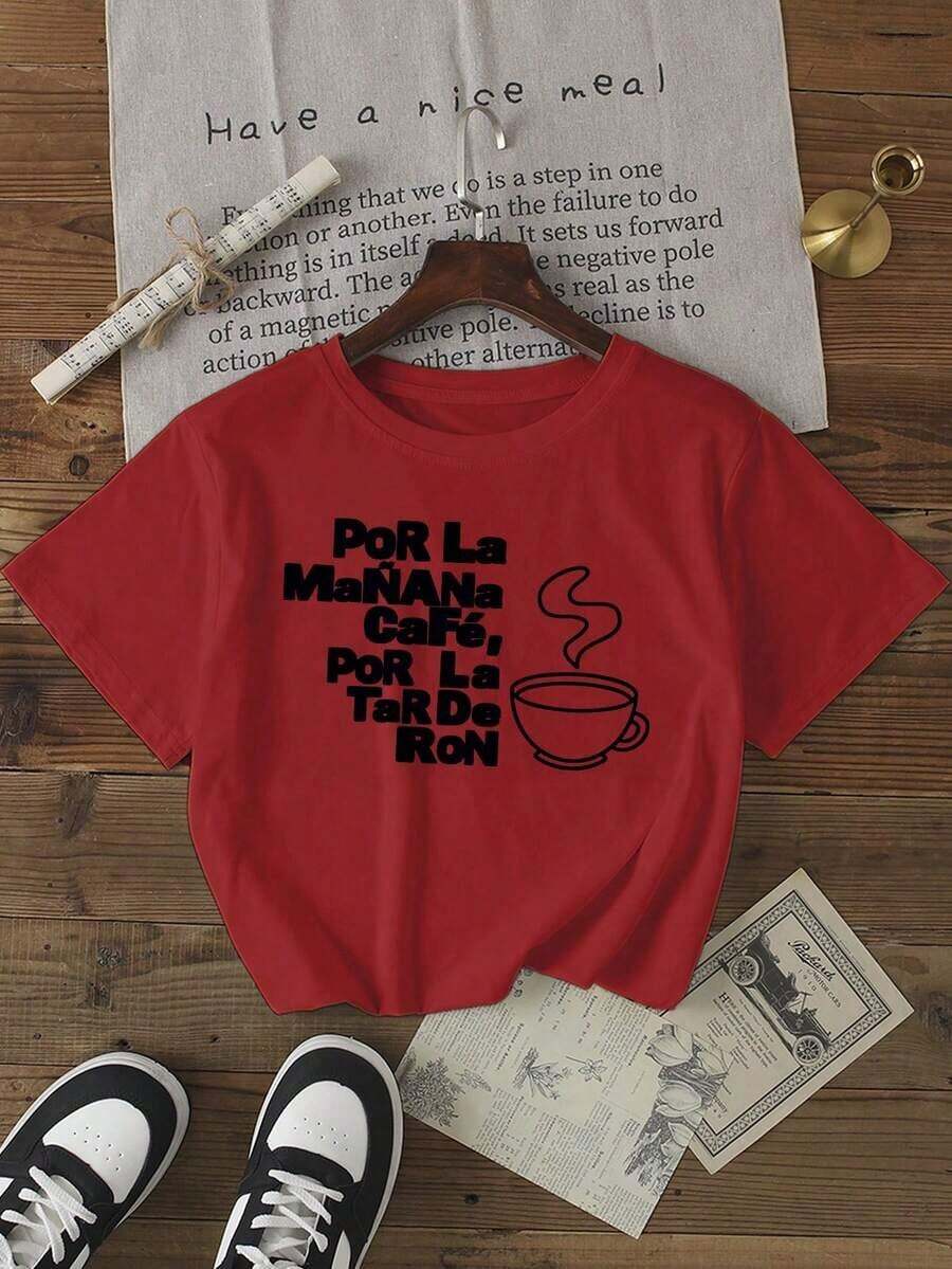 Camiseta Casual de Verano con Estampado de Letras, Manga Corta, Color Rojo, para el Verano - Rojo - Ver 1