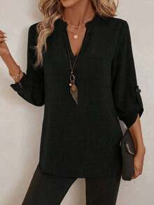 Blouse With Fitted Neckline And 3/4 Sleeves With Print, Work Shirt For Spring - Black - View 4
