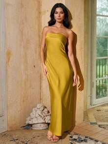 Vestido formal de satén sólido, vestido de cóctel elegante, vestido de fiesta de graduación, vestido de invitada de boda para primavera - Cúrcuma - Ver 1
