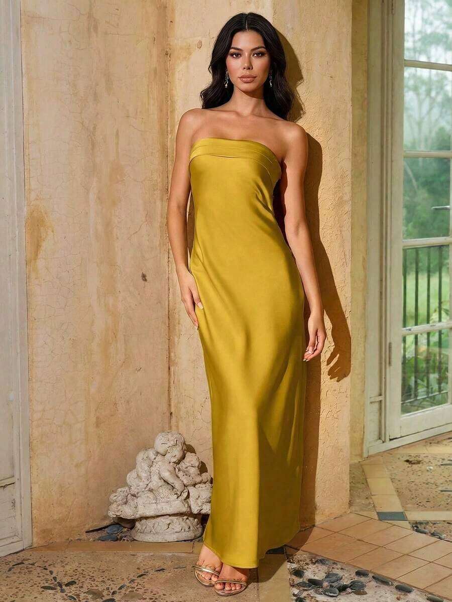 Vestido formal de satén sólido, vestido de cóctel elegante, vestido de fiesta de graduación, vestido de invitada de boda para primavera - Cúrcuma - Ver 1