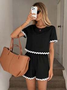 Conjunto de 2 piezas de top de manga corta con cuello redondo a cuadros y shorts casuales para mujer, de verano - Negro - Ver 4