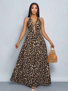 xheSOLERSUN Vestido largo de mujer de unicolor con escote halter en V, para vacaciones y playa, con espalda cruzada y anudada, para vacaciones y salidas a la playaxhe - Marrón - Ver 6