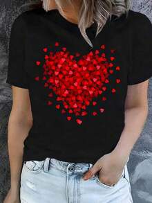 100% Cotton Black Oversized T-Shirt With Red Heart Graphic, Romantic Aesthetic Valentine's Day T-Shirt, Feminine Design Blouse With Love Theme, Gift Tops For Anniversary And Girlfriend - 黑色 - 查看 6
