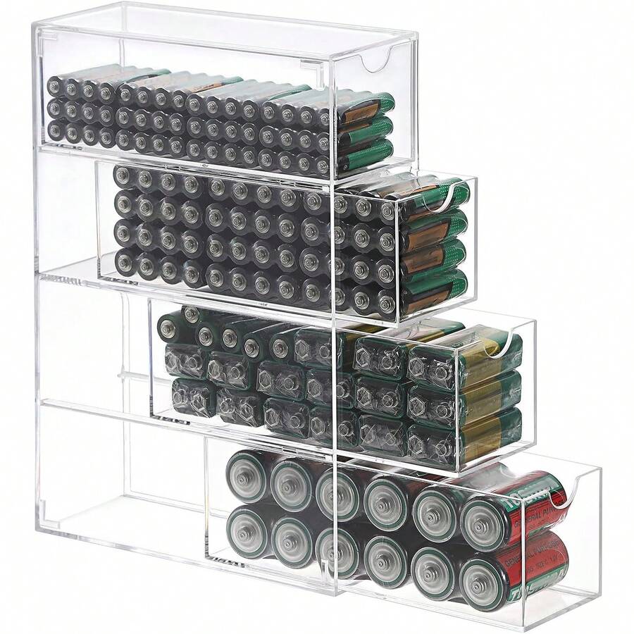 1 Pack/2 Packs Clear Acrylic Battery Storage Organizer For AA, AAA, 9V, C Batteries, 4-Drawer Storage Box Battery Holder Organizer For Common Types Batteries, Household Container(Batteries Not Included) - Transparent - View 1