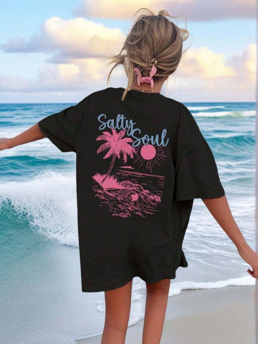 SALTY SOUL Women's Short Sleeve Crew Neck T-Shirt With Tree And Sun Print, Casual Style, Perfect For Beach Vacations, Spring/Summer, Fashionable, Your Essential Item For Everyday Vacation Wear. Women's Graphic Vacation T-Shirt - 黑色 - 查看 1