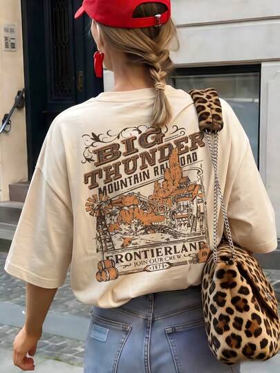 Women's Loose Fit Round Neck Short Sleeve T-Shirt, American Vintage Western Style Letter Print, Casual Versatile Top For Summer