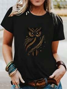 1 pieza clásica y versátil, camiseta de manga corta de algodón puro con dise?o dorado de águila para mujeres, ideal para usar en todas las estaciones. Estilo moderno - Negro - Ver 1