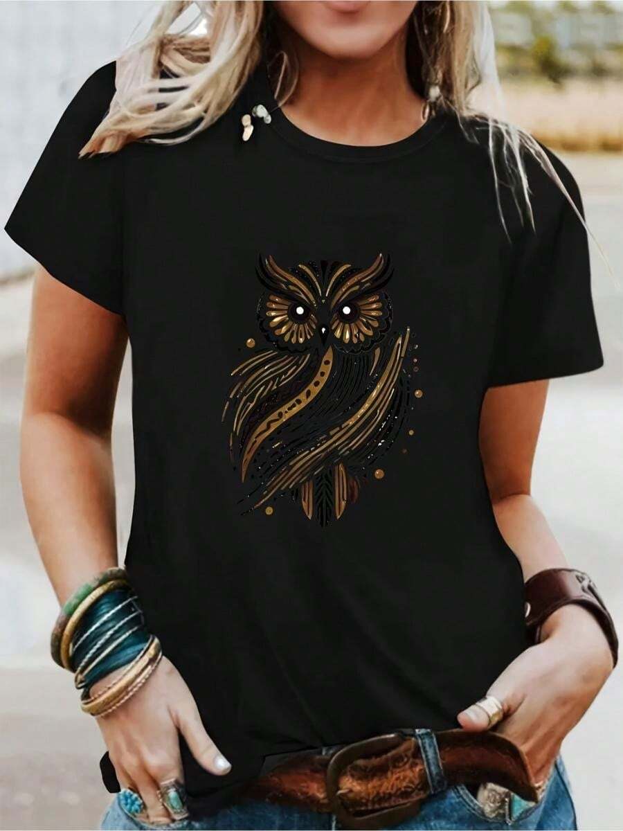 1 pieza clásica y versátil, camiseta de manga corta de algodón puro con dise?o dorado de águila para mujeres, ideal para usar en todas las estaciones. Estilo moderno - Negro - Ver 1