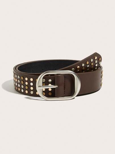 1 stuk damesriem PU met zilveren gesp en klinknagels, een klassiek modeaccessoire geschikt voor broeken, jurken, casual kleding, feestjes en uitgaan.