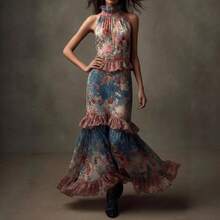 Vestido de mujer largo de moda para verano con estampado vintage y diseño de pastel sexy de talle alto elegante y cómodo - Azul - Ver 2