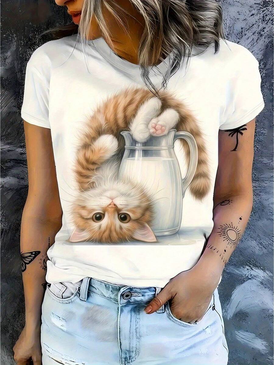 Camiseta unisex con estampado de gato naranja Camiseta de manga corta con estampado de gato al revés top casual de algodón con diseño de gatito colgante disponible en tallas S-3XL adecuada para todas las estaciones ideal para uso diario y divertido playeras de hombre ropa de hombre nacional envio - Blanco - Ver 1