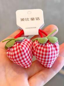 Bộ 2 chiếc dây buộc tóc scrunchie bông hình dâu tây, dây buộc tóc co giãn họa tiết kẻ caro, băng buộc tóc không đường may thủ công, phù hợp cho bé gái - Nhiều màu - Xem 11