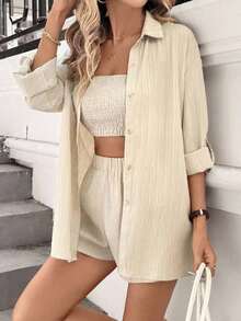Conjunto de dos piezas de mujer en tela tejida color caqui: Top corto casual con cuello y pantalones cortos con mangas a la muñeca y detalles de bolsillo, para vacaciones - Caqui - Ver 6
