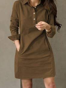 Vestido corto elegante de mujer con manga larga, estilo de moda casual con solapa y decoración de botones, para primavera y otoño - Cafetería - Ver 6