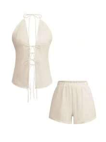 Conjunto de 2 piezas de top con escote en V y espalda descubierta con lazo, y shorts elásticos para mujer, adecuado para el hogar, la playa, citas, festivales de música, San Valentín y otras ocasiones, elegante en negro para el verano - Albaricoque - Ver 3