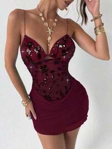 Nuevo vestido camisero romántico y sexy con cuello en pico, contraste de malla brillante y shorts, mini vestido anti-destellos - Burdeos - Ver 4
