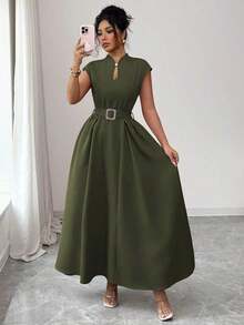 Vestido midi elegante y casual para mujer con diseño inspirado en la Sicilia francesa romántica, adecuado para ir al trabajo, vacaciones, té de la tarde, fiesta de San Valentín, con escote de corazón, cinturón de lazo en la cintura, bajo acampanado y bolsillos, primavera/verano - Verde militar - Ver 6