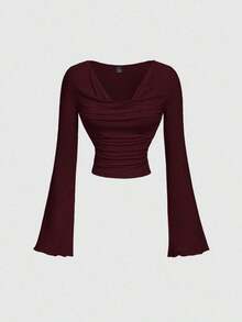 Conjunto de camiseta de manga larga ajustada con cuello de volantes, mangas acampanadas y plisadas en 3 colores - Burdeos - Ver 1