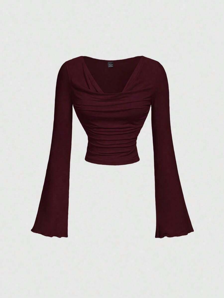 Conjunto de camiseta de manga larga ajustada con cuello de volantes, mangas acampanadas y plisadas en 3 colores - Burdeos - Ver 1