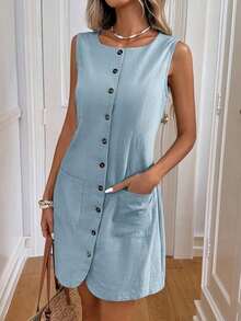 Vestido casual de botones con bolsillo, vestidos de verano para mujer, atuendos de vacaciones para mujer, atuendos de negocios casuales para mujer, vestidos elegantes para mujer, ropa de verano para mujer, ropa de trabajo para mujer, atuendos de of - Celeste - Ver 9
