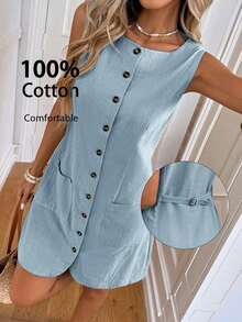 Vestido casual de botones con bolsillo, vestidos de verano para mujer, atuendos de vacaciones para mujer, atuendos de negocios casuales para mujer, vestidos elegantes para mujer, ropa de verano para mujer, ropa de trabajo para mujer, atuendos de of - Celeste - Ver 10