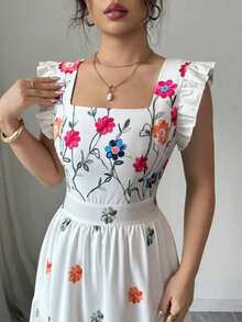 Vestido informal largo con diseño de cuello cuadrado, mangas de campana y cintura ceñida con estampado multicolor, ideal para vacaciones - Multicolor - Ver 5