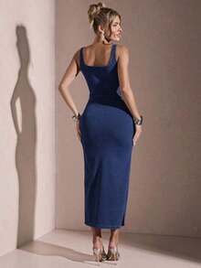 Vestido de mezclilla sin mangas de unicolor y estilo casual para uso diario de mujeres - Azul lavado oscuro - Ver 6