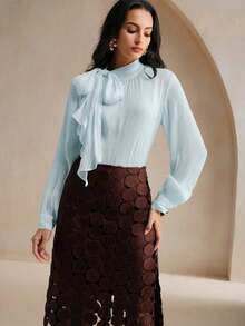 Blusa elegante y chic de cuello alto, manga larga y puños con lazo para uso diario - Azul - Ver 5
