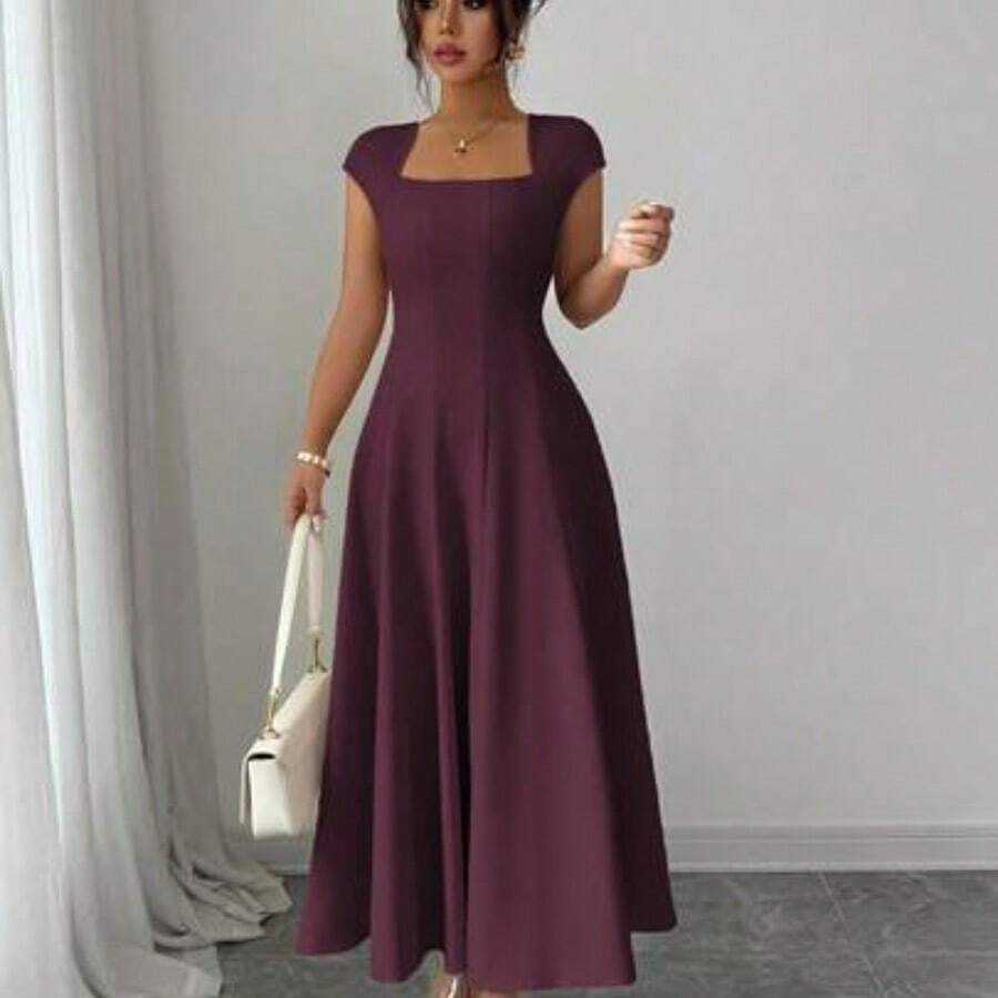 Women's Elegant Solid Color Square Neck Waist Tie Splice Flared A-Line Short Sleeve Midi Dress, Suitable For Commute, Beach, Vacation, Music Festival, Beer Festival In Spring And Summer - Granate - Ver 1