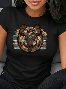 1 camiseta de algodón puro para mujer, con estampado de letras creativas y a la moda, adecuada para uso casual al aire libre en primavera y verano, fiestas de vacaciones, versátil y elegante, con diseño de herradura y calavera de toro, 180g 100% algodón. - Negro - Ver 12