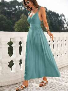 Vestido de playa para mujer con cuello en V, espalda descubierta, cintura ceñida y bajo suelto - Verde Claro - Ver 7