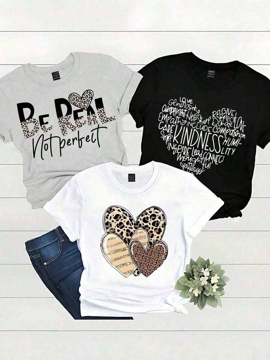 Camiseta Estampada para Mujer, Corte Recto, Manga Corta, Cuello Redondo, Estampado de Animales con Sentimentalismo| Diseño exquisito| Suelto y cómodo| Fácil de combinar| Sencillo y elegante, de una sola pieza - Negro - Ver 1