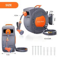 Soonbuy 1/2" X 100 Ft Retractable Garden Hose Reel, Wall Mounted With 9 Function Nozzle, Automatic Rewind, Slow Return System, Any Length Lock, 180° Swivel Bracket, 3-Layer PVC & Brass Fittings - C - 查看 2