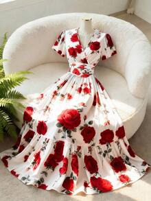 Vestido corto de manga corta con cuello en V y cintura acampanada con estampado floral de rosas para mujer, elegante para uso diario, vacaciones, viajes, San Valentín, citas, estilo callejero francés, vintage, fiestas, con base blanca y patrón de rosas rosadas, nueva llegada para primavera/verano temprano - Rojo - Ver 3