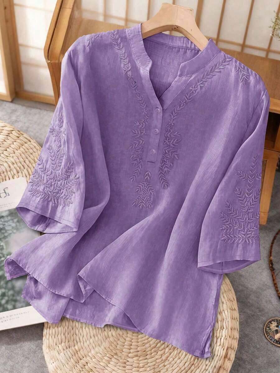 Blusa de lino holgada, informal, con bordado asimétrico de unicolor para primavera y verano para mujer - Morado - Ver 1