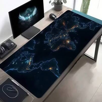 单包装超大游戏鼠标垫，XXL 超大布面（世界地图图案） - 可水洗表面，超大桌面垫，适用于电脑、办公室和游戏 - 深蓝色背景搭配金色大陆图案 - 专业游戏玩家和学生的理想礼物 - 极致的追踪和稳定性性能 - 专业电竞级别 - 防滑底座 - 覆盖整个桌面 - 电脑配件