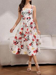 1 pieza Vestido Elegante Estampado con Cintura Ajustada para Mujer - Rojo - Ver 5