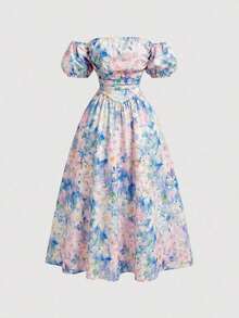 Vestido midi con hombros descubiertos, mangas abullonadas y estampado floral, primavera - Multicolor 2 - Ver 3