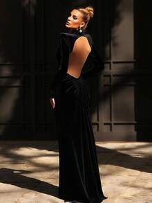 Vestido largo liso cuello alto verano 2025, ajustado elegante con espalda descubierta estilo moda - Negro - Ver 4