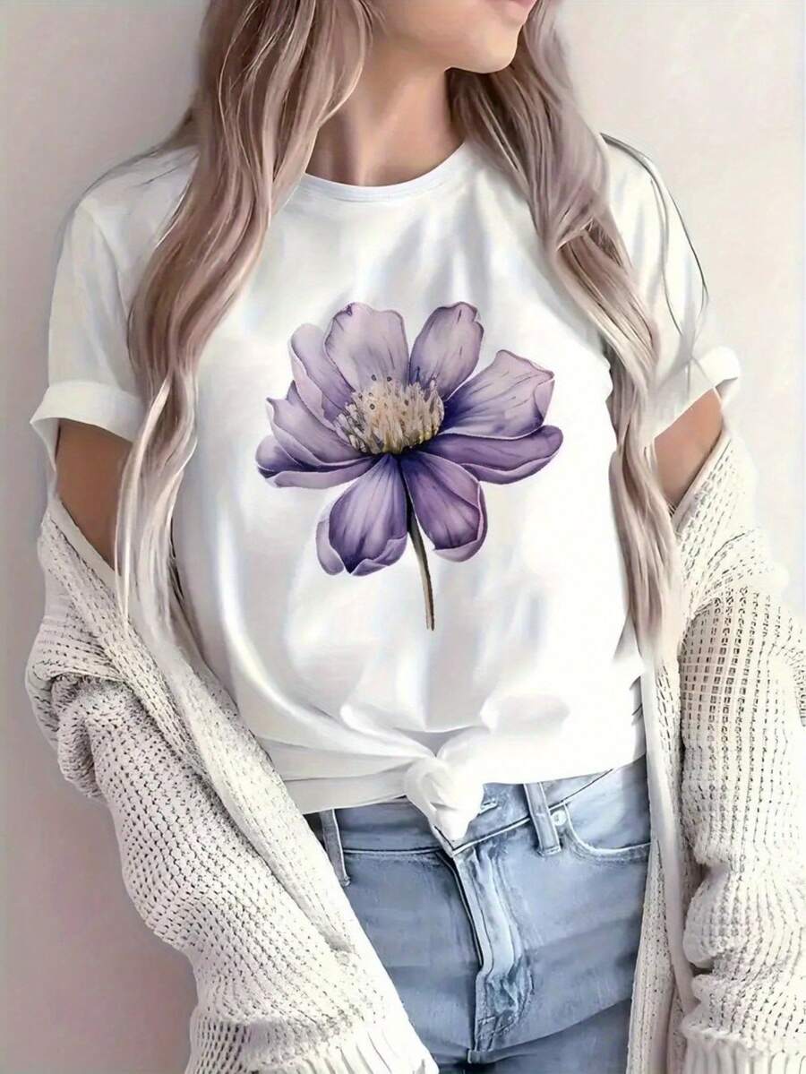 1 camiseta blanca de mujer, con estampado floral morado en el pecho - de manga corta, cuello redondo, estilo casual, elástica y adecuada para todas las estaciones, diseño floral en rosa pálido y morado lavanda, camiseta minimalista sin costuras visibles, adecuada para usar con jeans y vestidos, lavable a máquina, prenda versátil para el uso diario, 180g 100% algodón. - Blanco - Ver 1