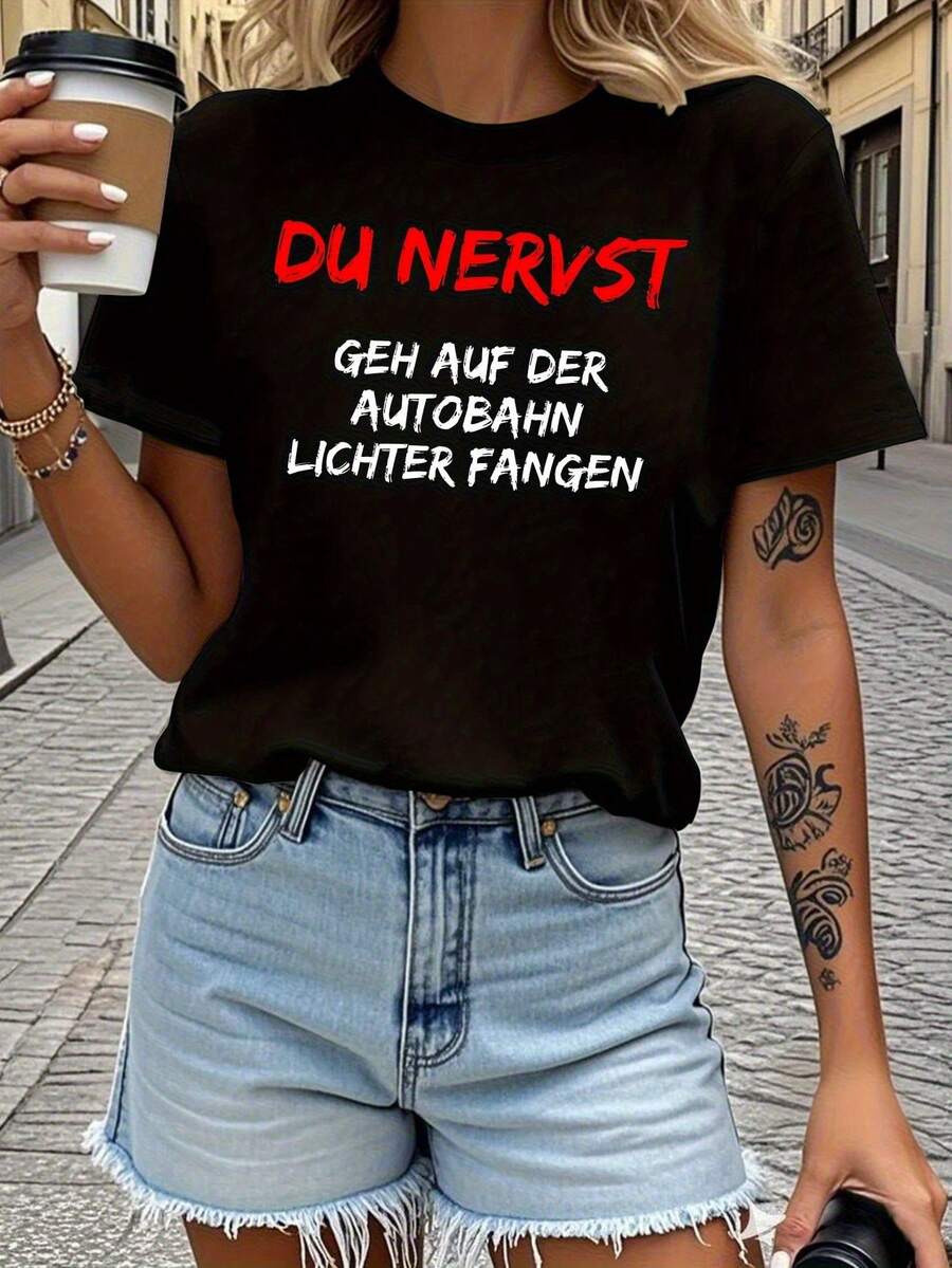 Women's Modern, Casual T-Shirt, Perfect For Parties And Lounging At Home, 100% Cotton, Loose Fit. Funny Text Print Women's Spring - Summer Short - Sleeve Crew Neck Casual T-Shirt, Daily Outing - 黑色 - 查看 1
