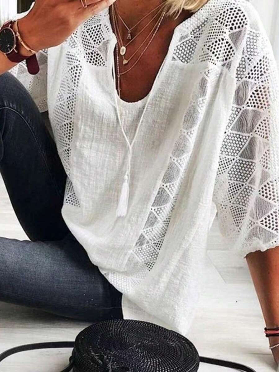 Blusa de encaje con escote en U manga corta siete cuartos diseño hueco elegante - Blanco - Ver 1