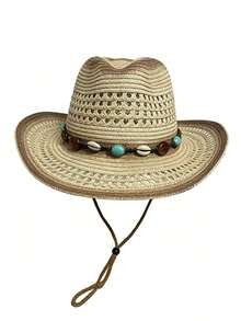 Un sombrero de vaquero unisex de paja de papel marrón con diseño calado que protege del sol, adecuado para actividades al aire libre y vacaciones en la playa - A - Ver 6