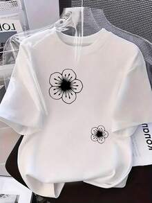 Camiseta de manga corta para mujer con estampado de flores minimalistas, cuello redondo, tejido de poliéster, ideal para uso diario, salidas casuales y fines de semana, estilo minimalista, temporada primavera-verano, Envío nacional a México. - Blanco - Ver 2
