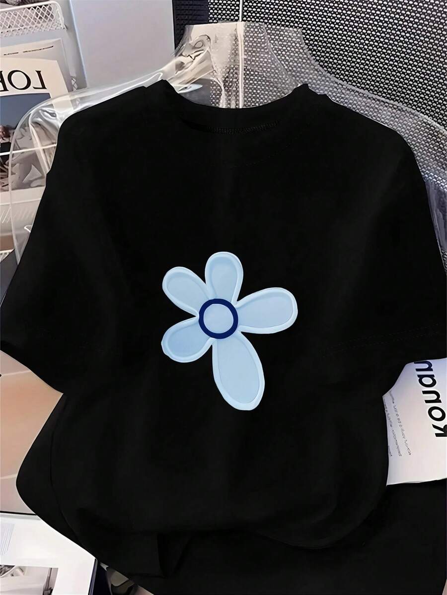 Camiseta de moda estampada para mujer Quan Quan con patrón floral verde, suave y versátil. Camiseta de manga corta estampada, suave y cómoda, adecuada para uso casual, una prenda superior elegante para toda estación