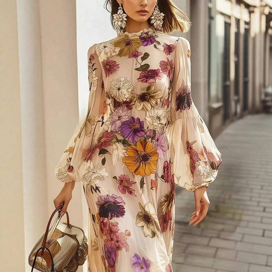 Vestido largo de verano con volantes de gasa estampada elegante y ajustado de manga larga para mujer estilo vacaciones moda nueva - amarillo ganso - Ver 1