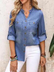 Camisa vaquera casual de mujer con cuello en V, abotonadura sencilla, dobladillo y puños - Azul 2 - Ver 8